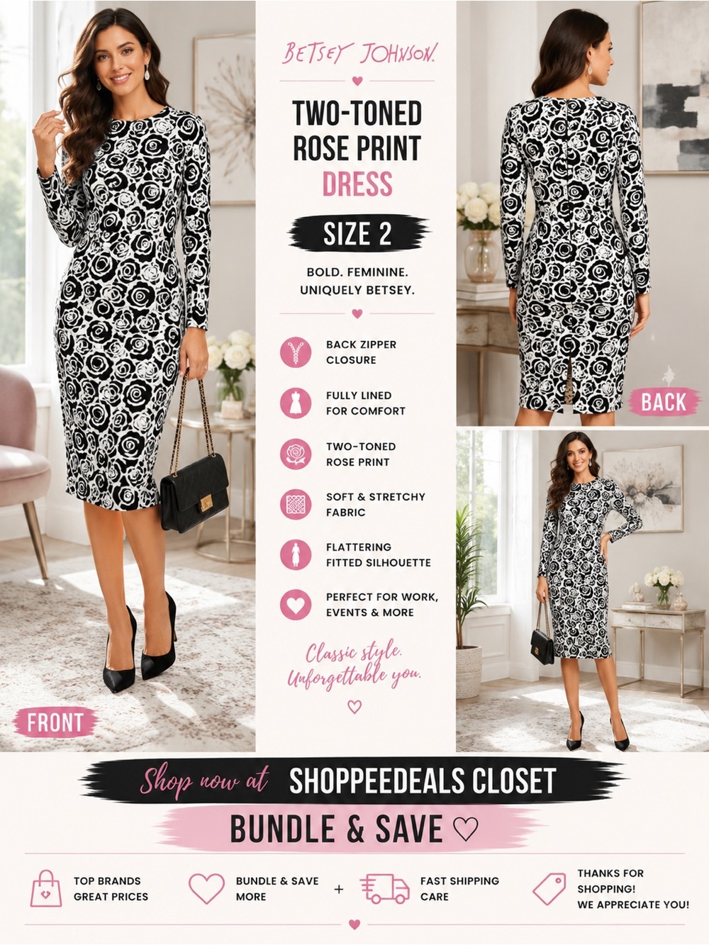 Betsey Johnson Black & White Two-Toned Rose Print Dress – Women’s Size 2